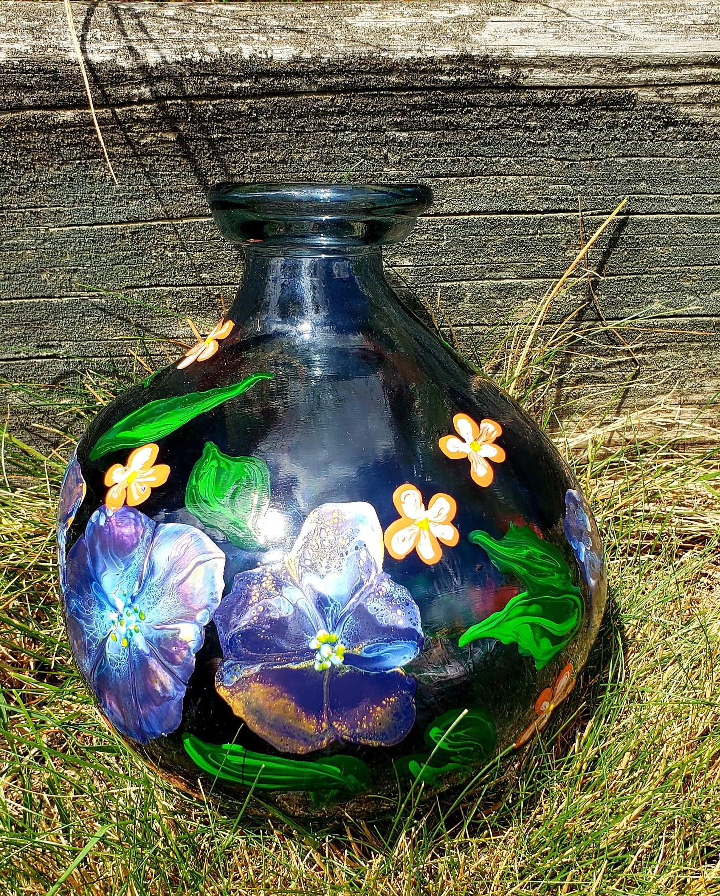 Pot Belly Blue Vase with Blue and Orange Flowers