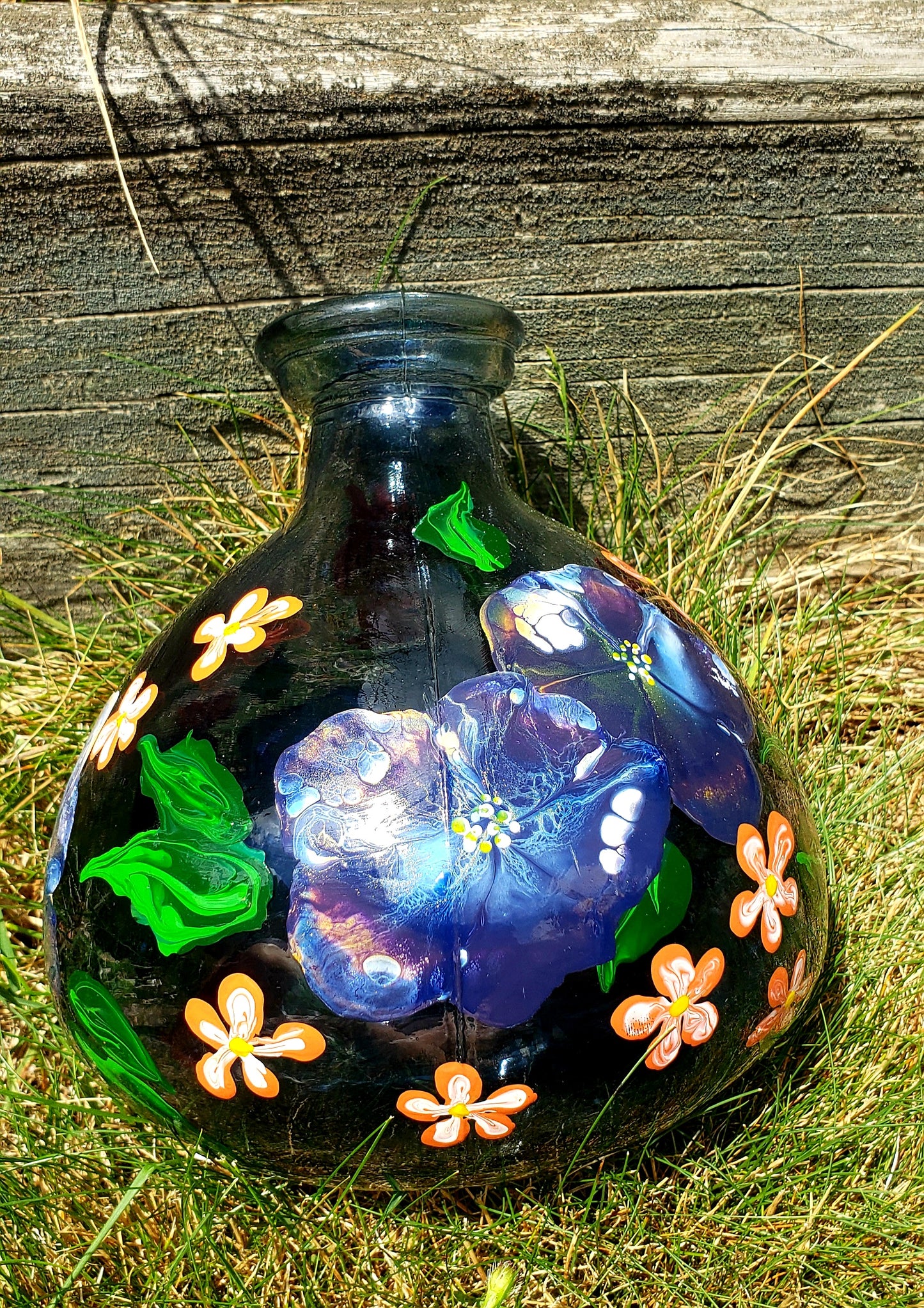 Pot Belly Blue Vase with Blue and Orange Flowers