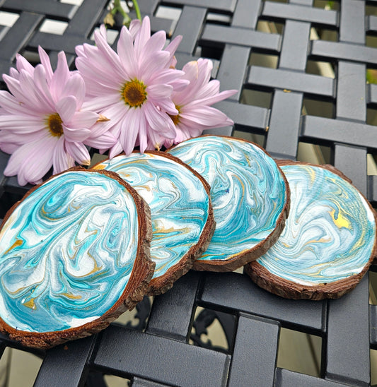 Turquoise and Gold wooden coaster set(4)