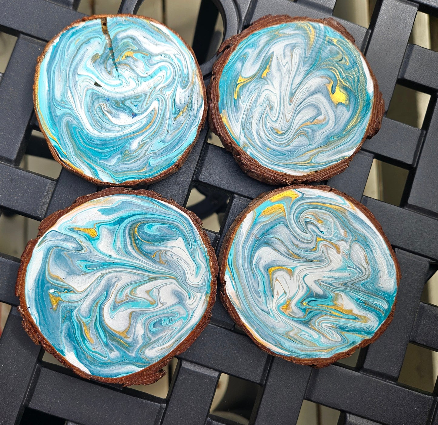 Turquoise and Gold wooden coaster set(4)