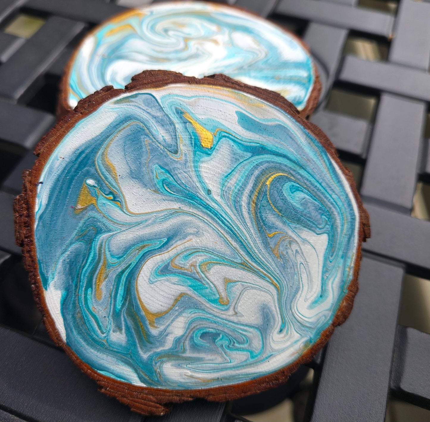 Turquoise and Gold wooden coaster set(4)