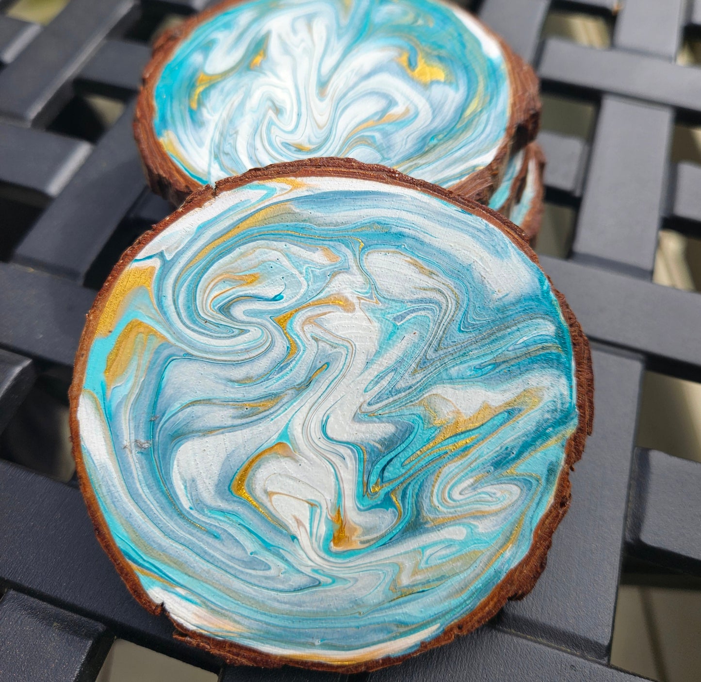 Turquoise and Gold wooden coaster set(4)