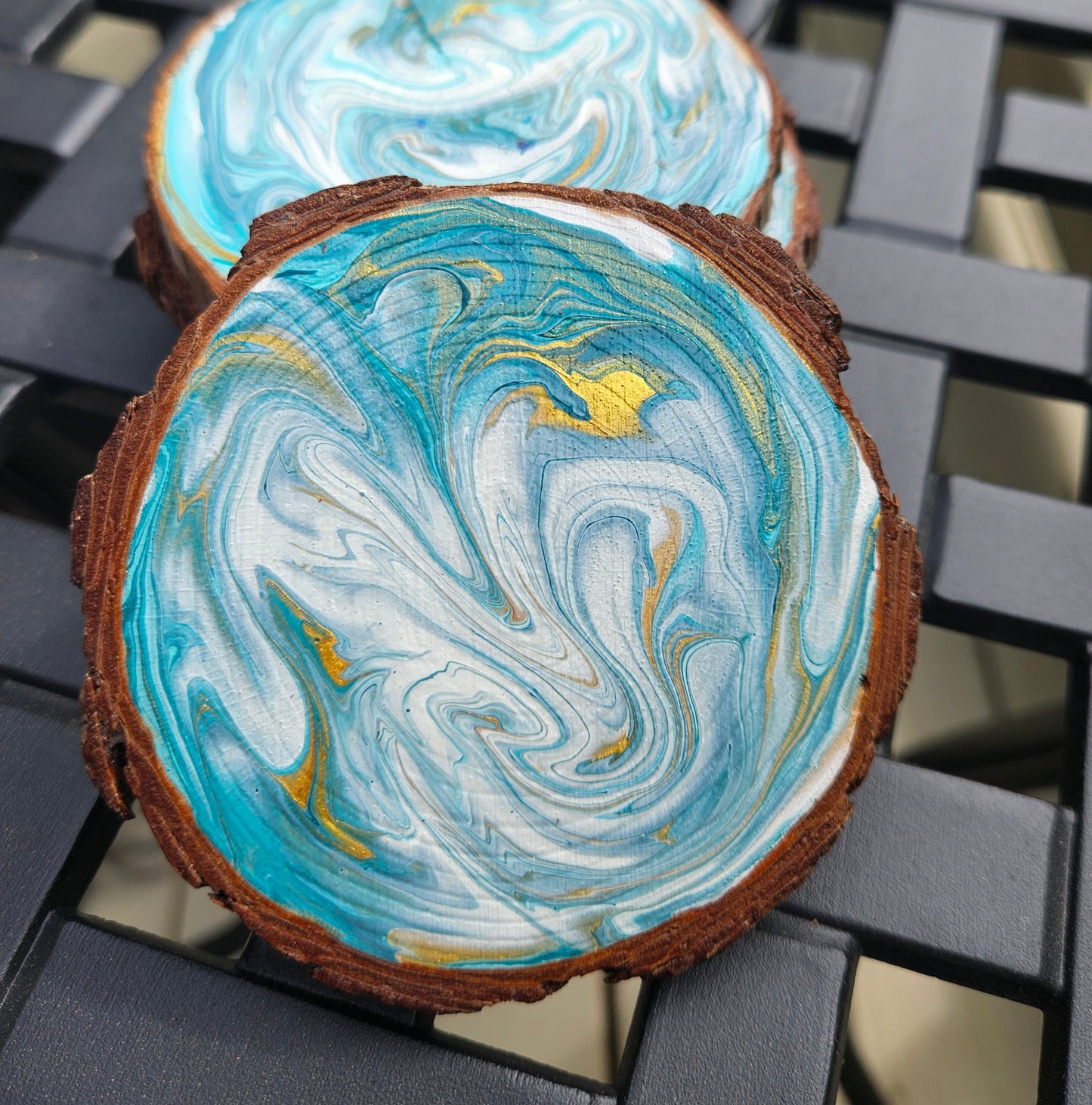 Turquoise and Gold wooden coaster set(4)