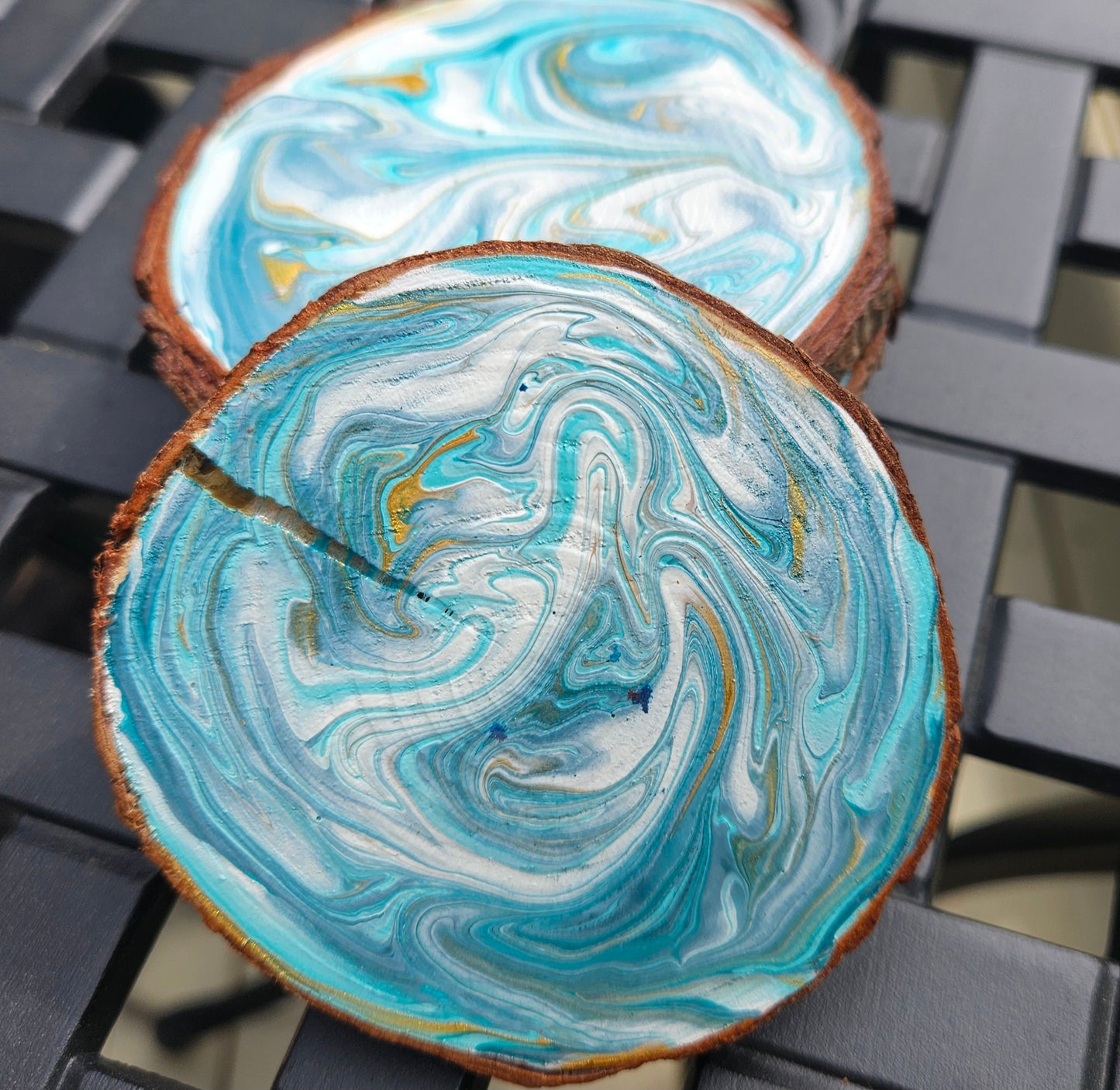 Turquoise and Gold wooden coaster set(4)