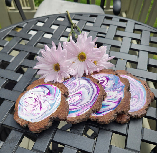 Purple and Blue Swirl wooden coaster set(4)