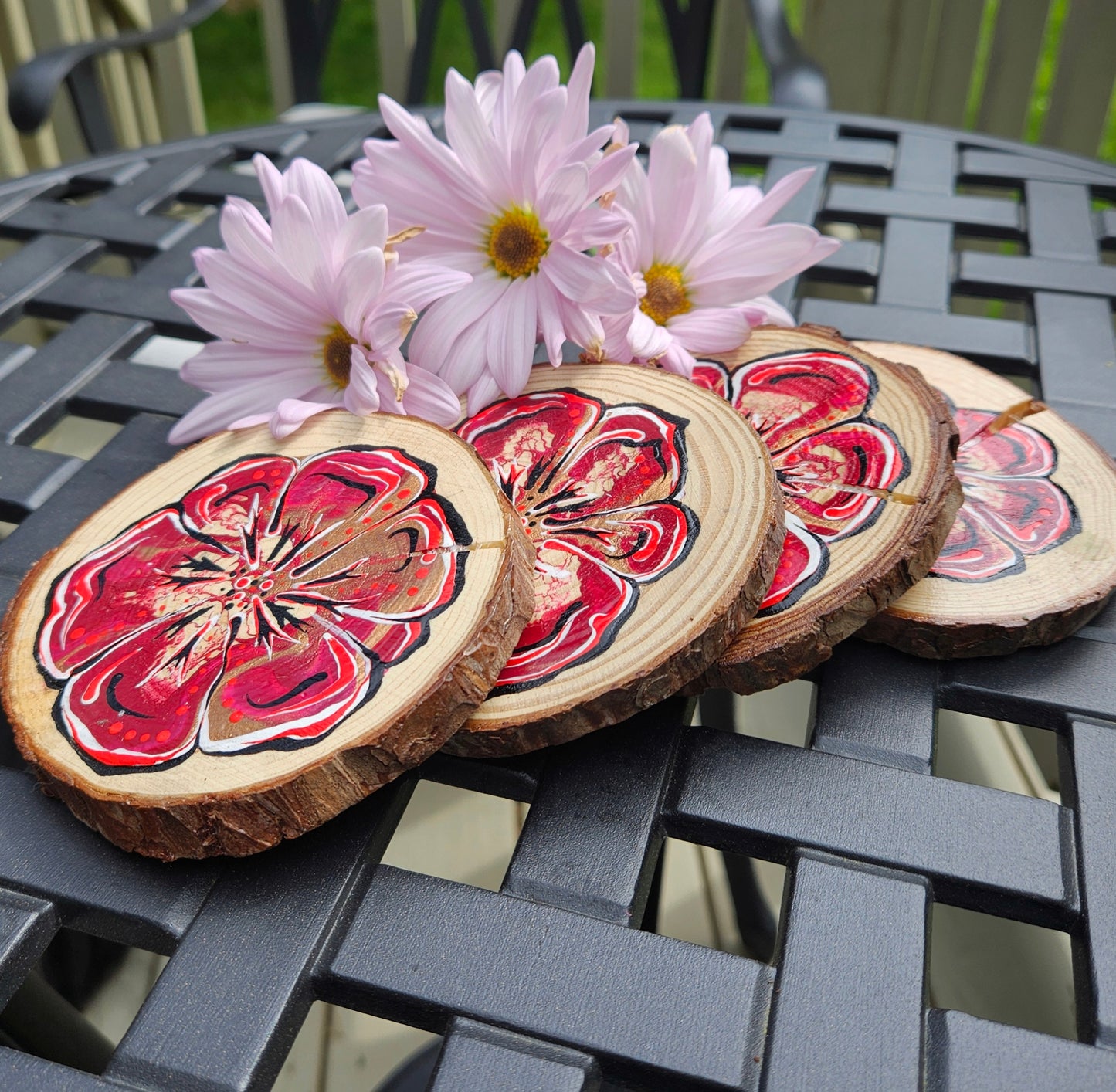 Red Flower Power wooden coaster set(4)