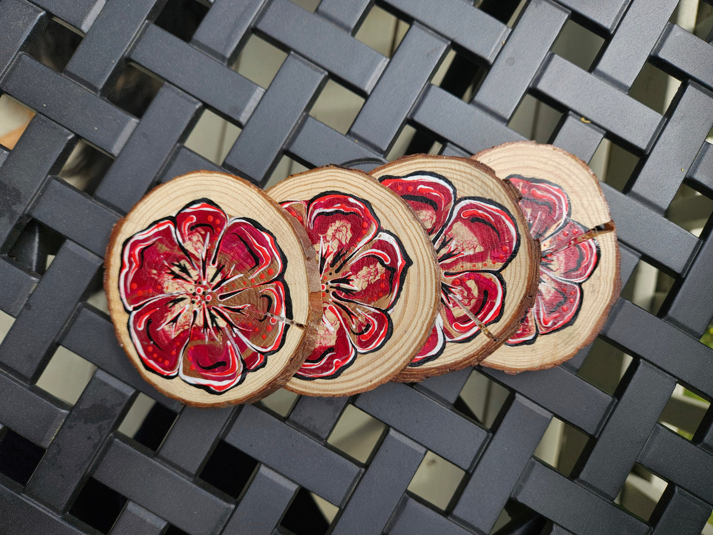 Red Flower Power wooden coaster set(4)