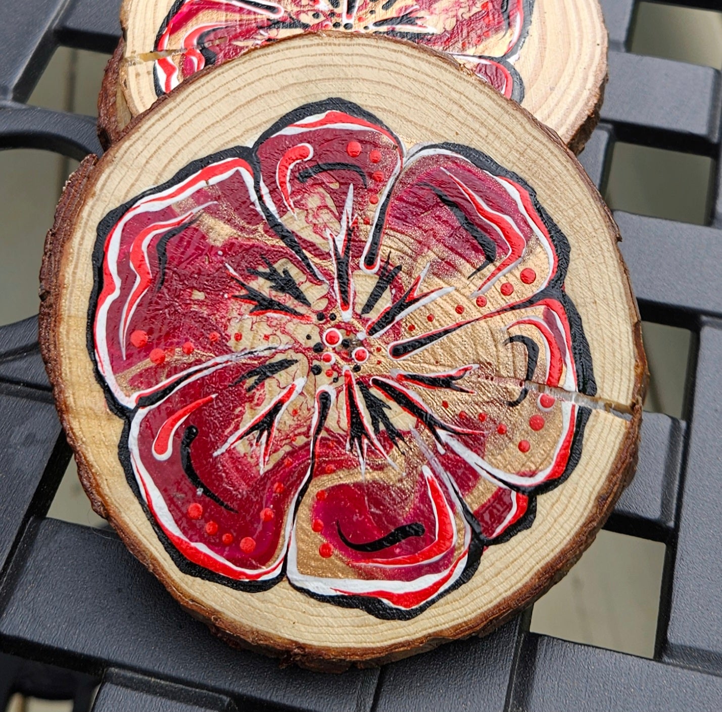 Red Flower Power wooden coaster set(4)