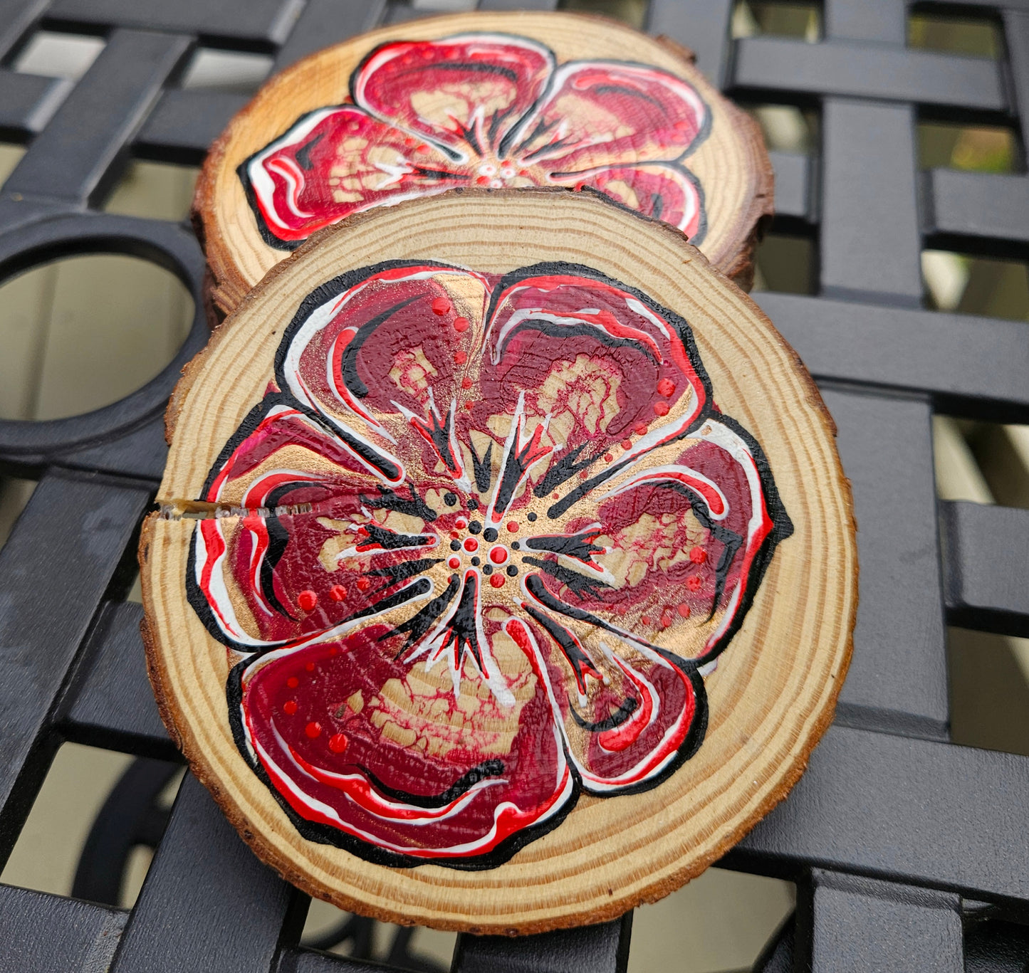 Red Flower Power wooden coaster set(4)