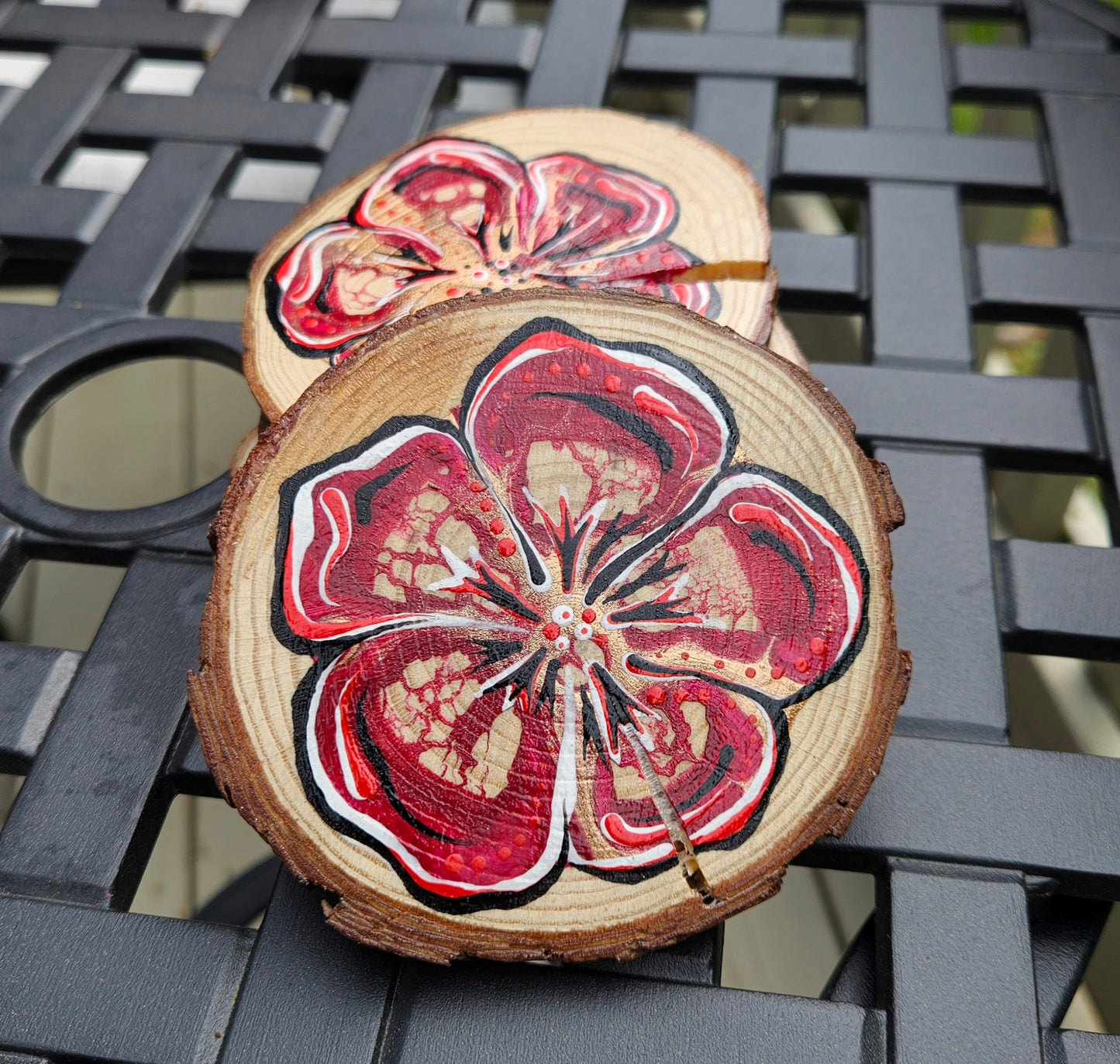 Red Flower Power wooden coaster set(4)