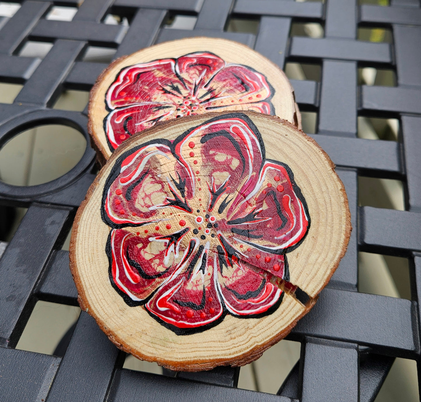 Red Flower Power wooden coaster set(4)