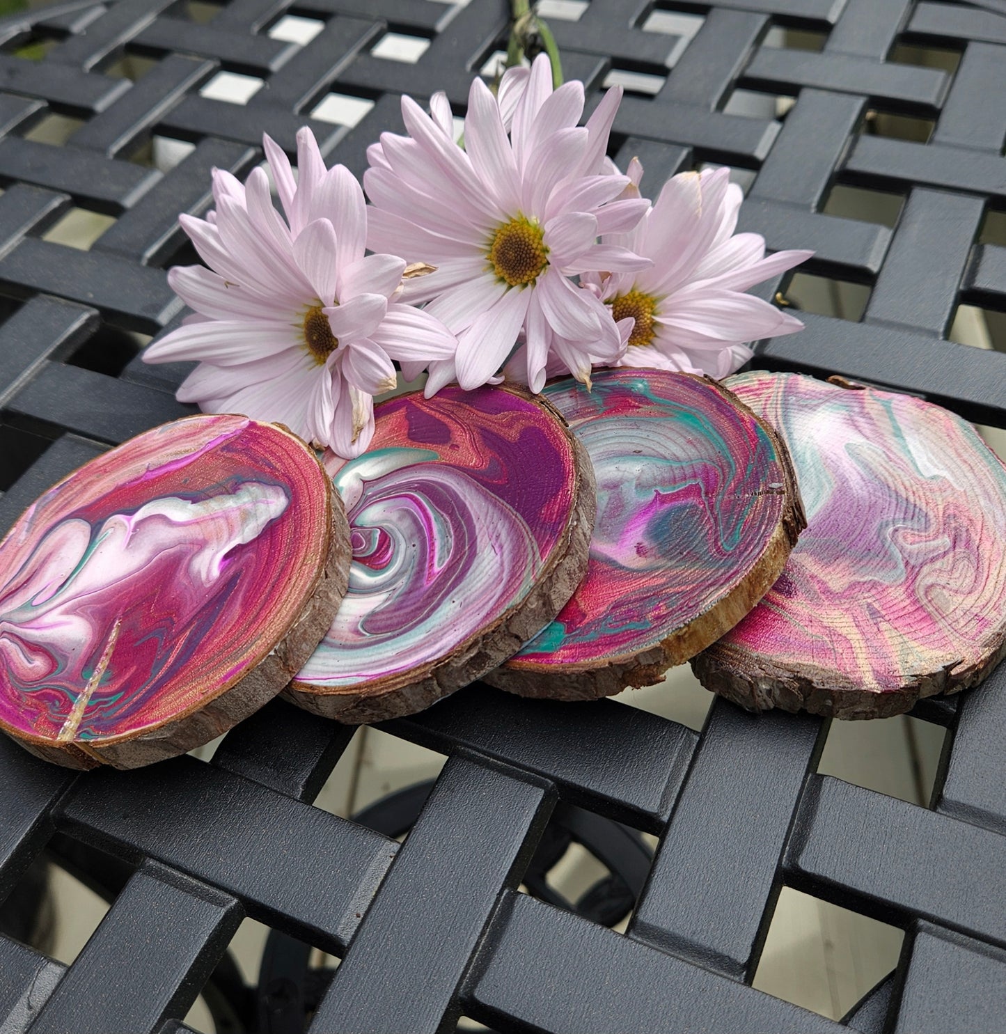 Pink, Purple and Turquoise wooden coaster set (4)