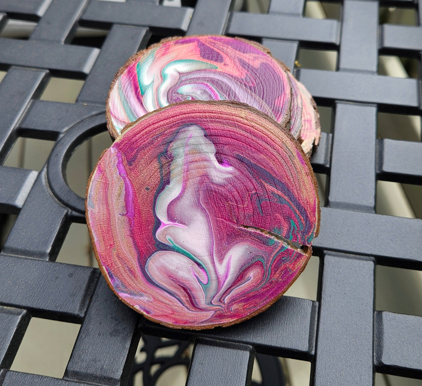 Pink, Purple and Turquoise wooden coaster set (4)