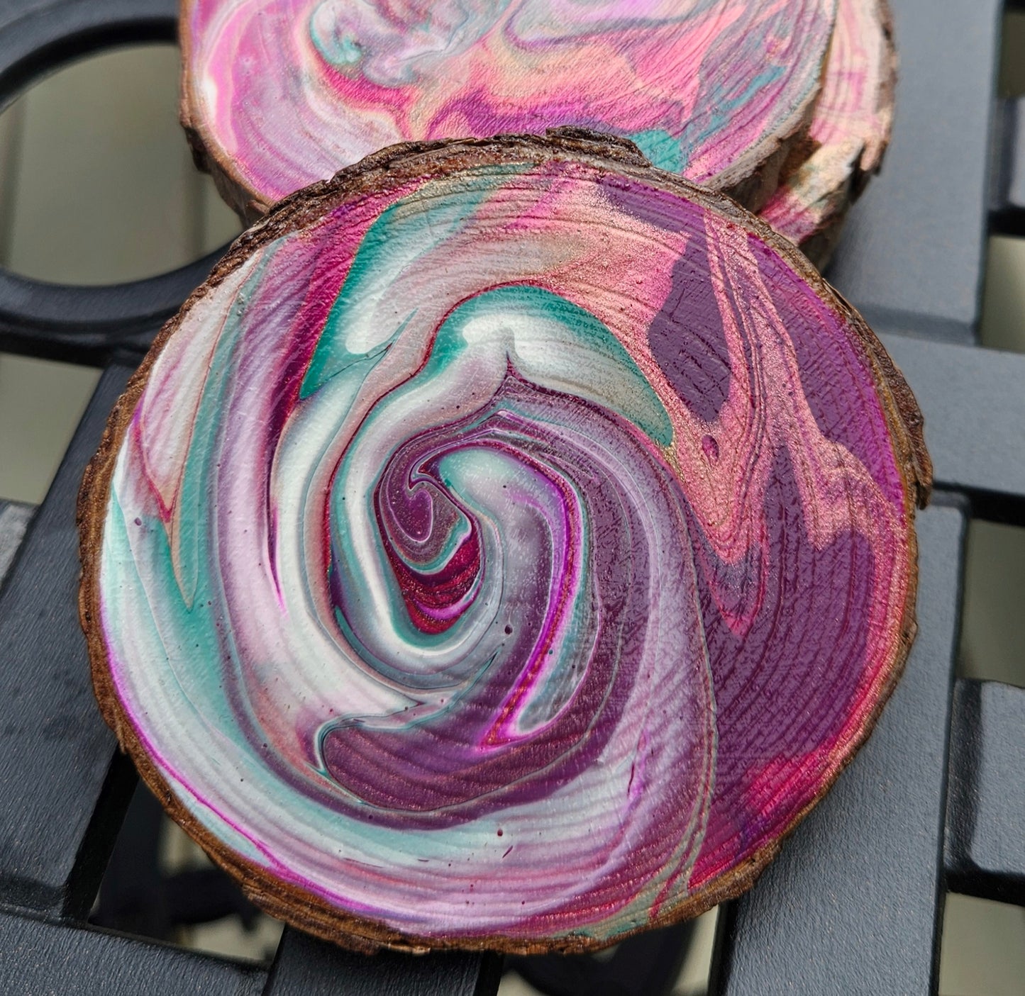 Pink, Purple and Turquoise wooden coaster set (4)