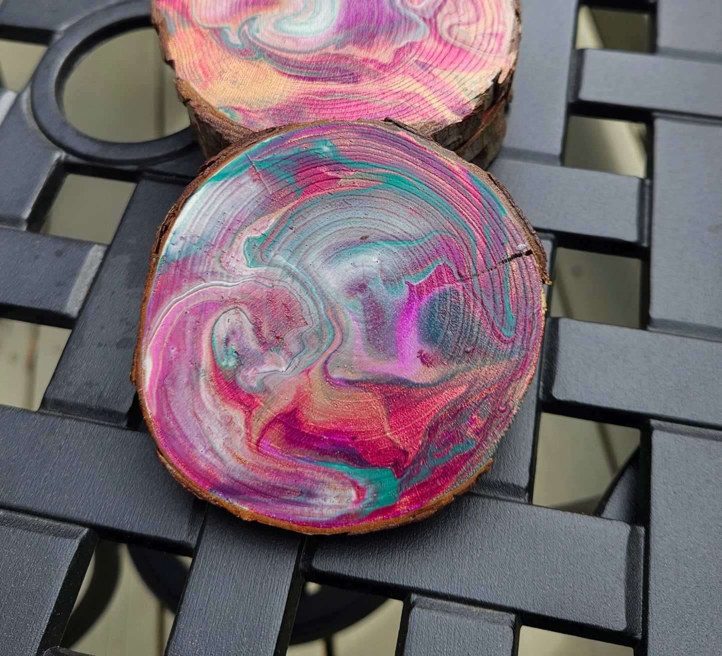 Pink, Purple and Turquoise wooden coaster set (4)