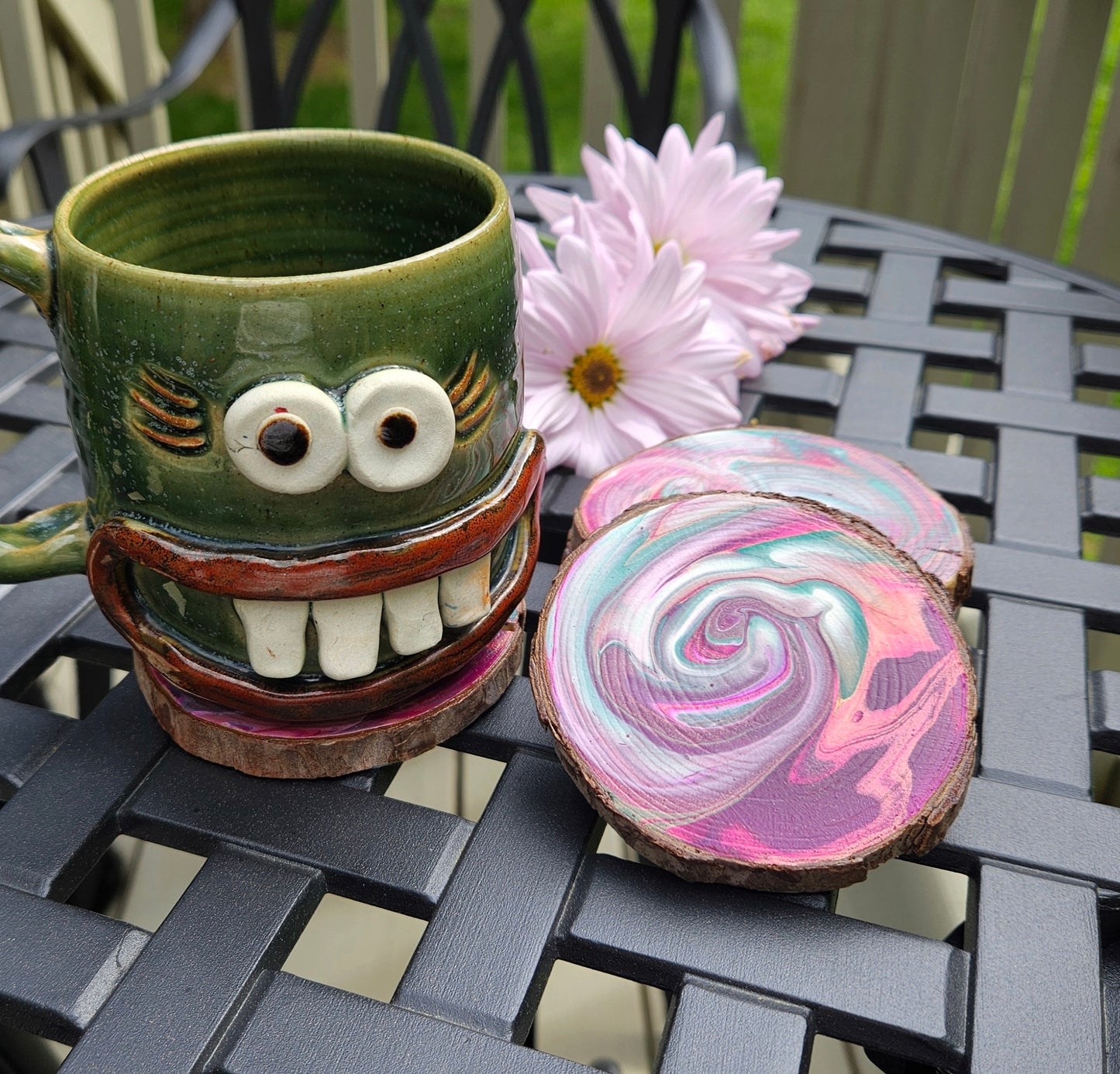 Pink, Purple and Turquoise wooden coaster set (4)