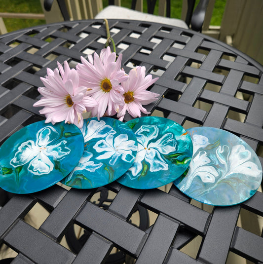 Teal and Pearl Flower Power acrylic coaster set(4)