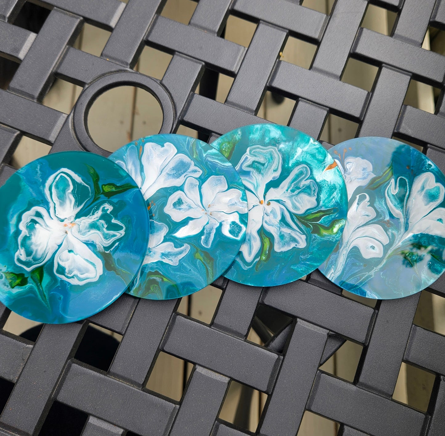 Teal and Pearl Flower Power acrylic coaster set(4)