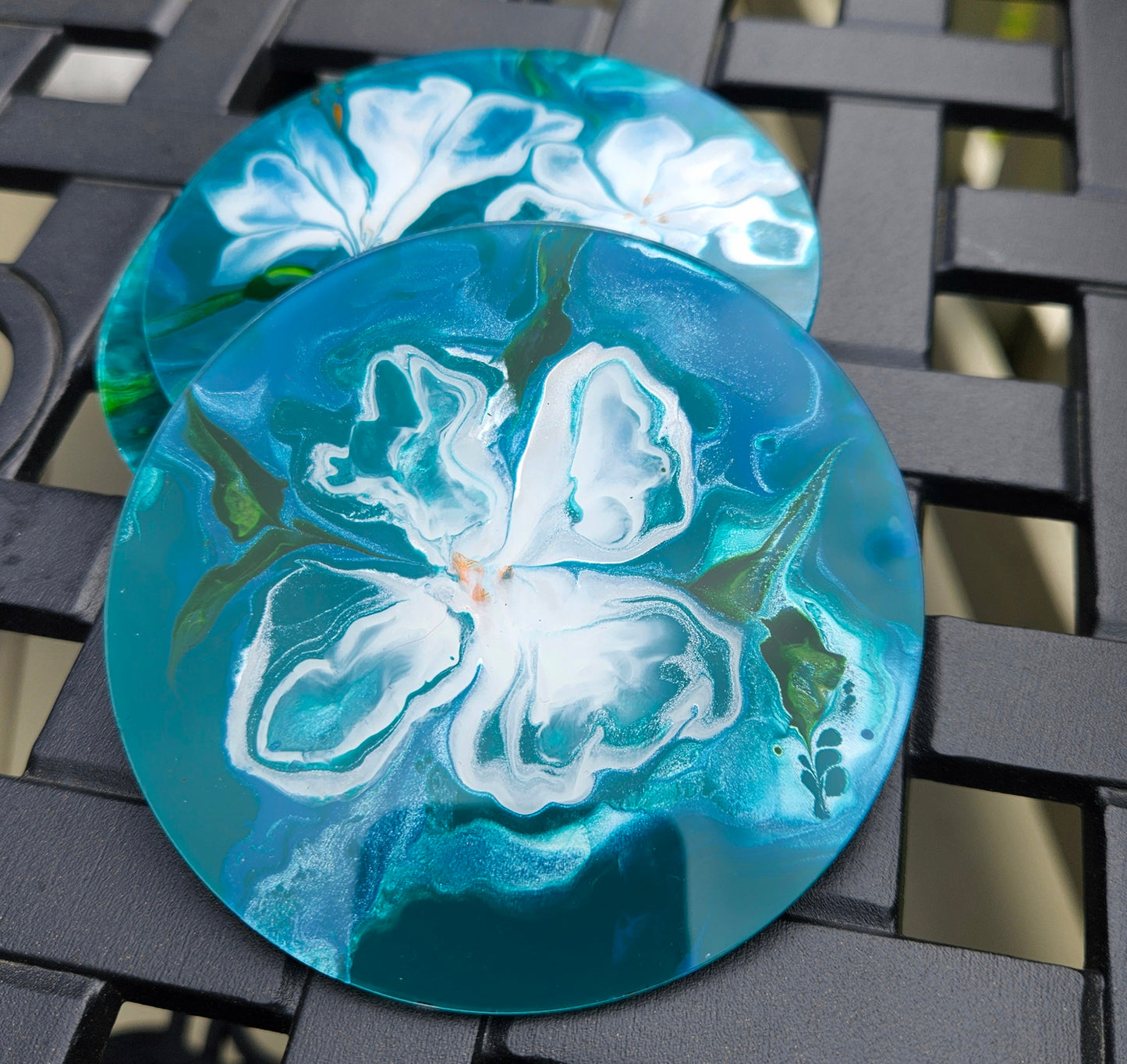 Teal and Pearl Flower Power acrylic coaster set(4)