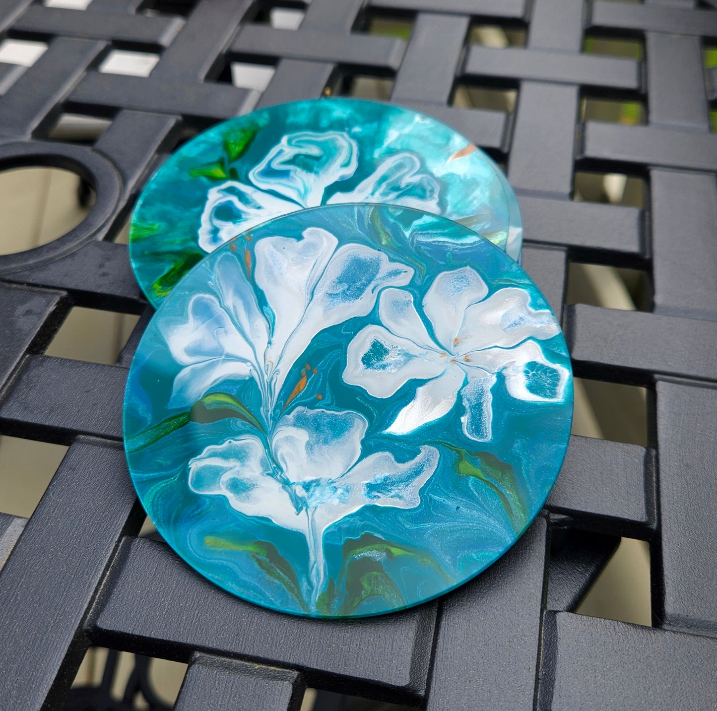 Teal and Pearl Flower Power acrylic coaster set(4)