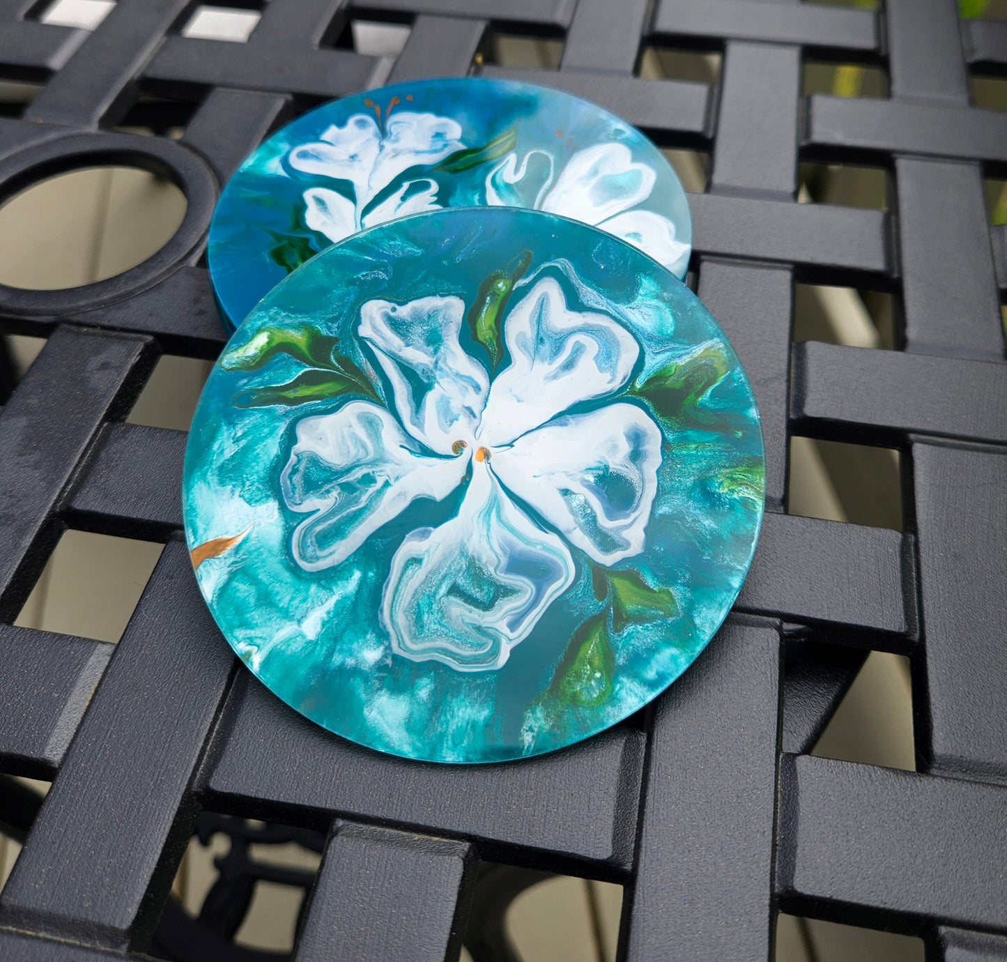 Teal and Pearl Flower Power acrylic coaster set(4)