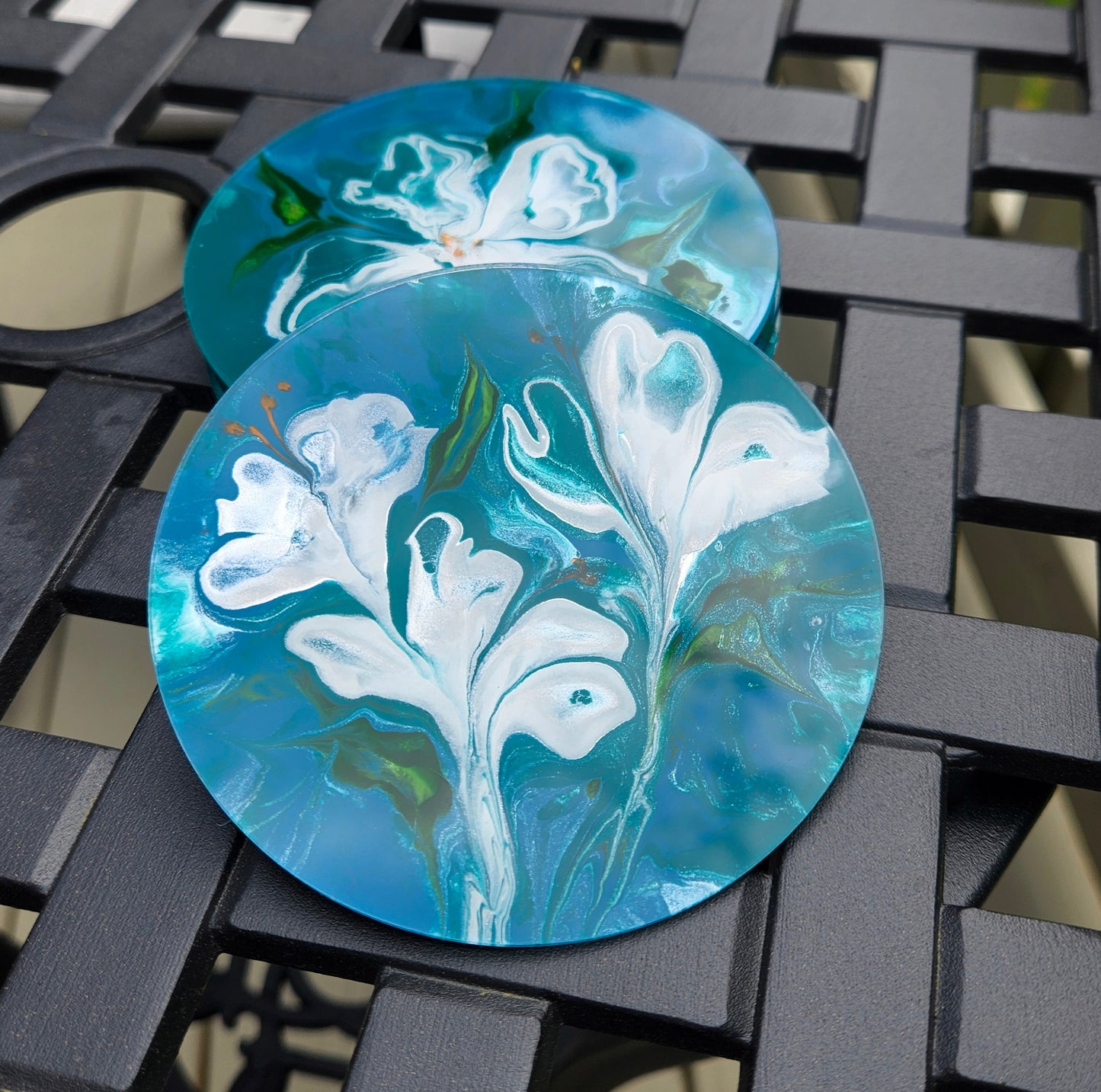 Teal and Pearl Flower Power acrylic coaster set(4)