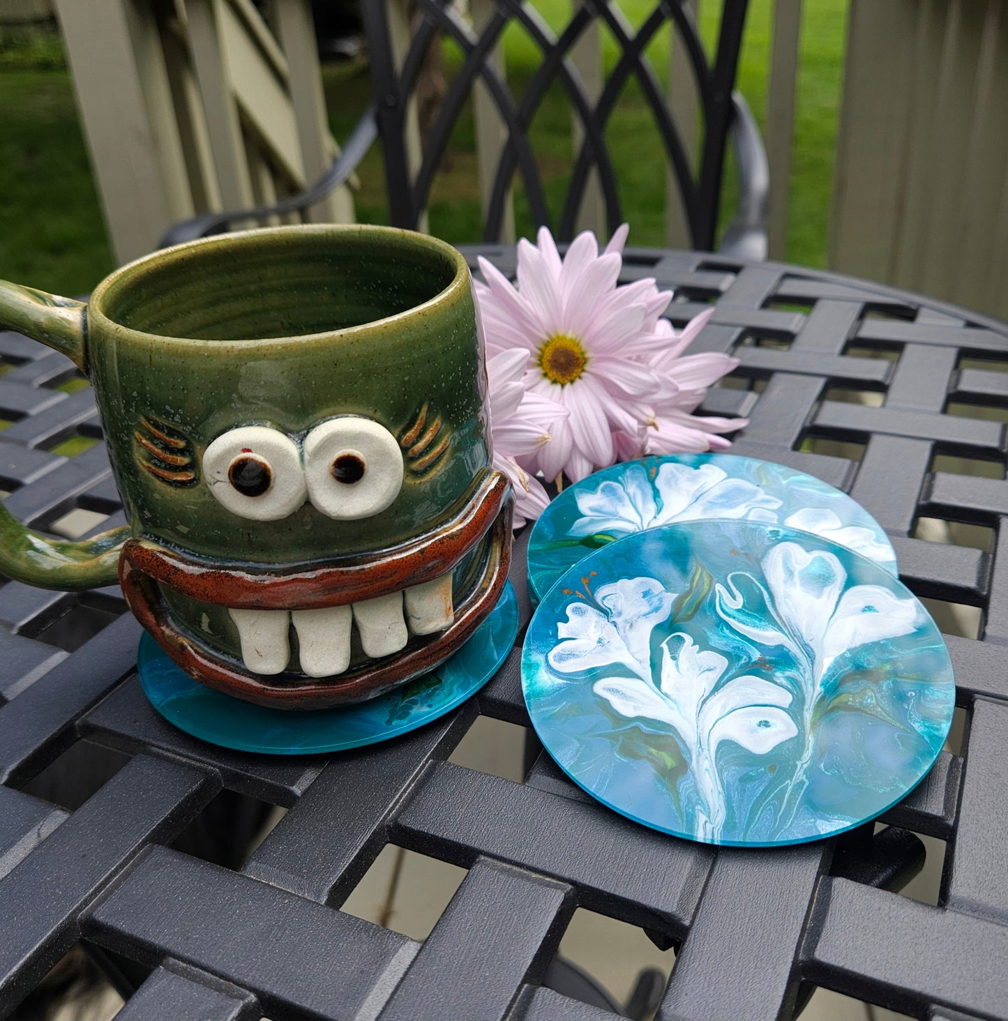 Teal and Pearl Flower Power acrylic coaster set(4)