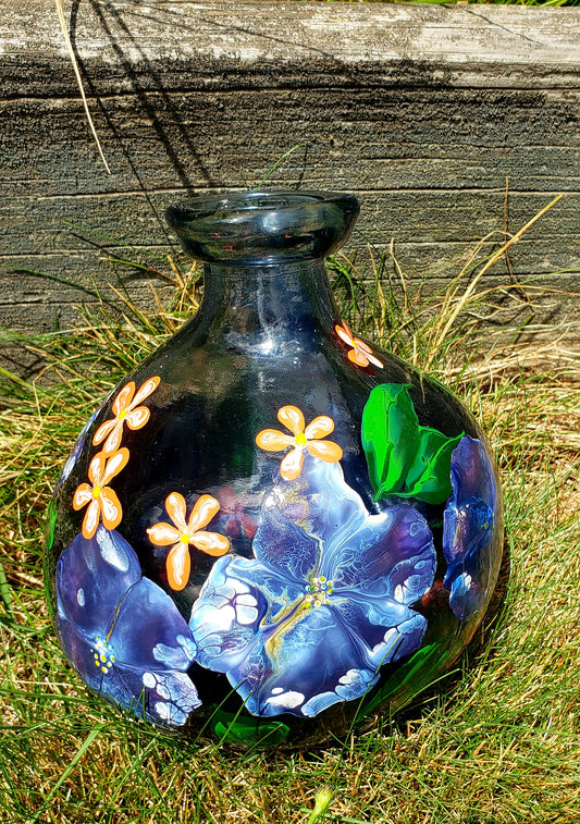 Pot Belly Blue Vase with Blue and Orange Flowers