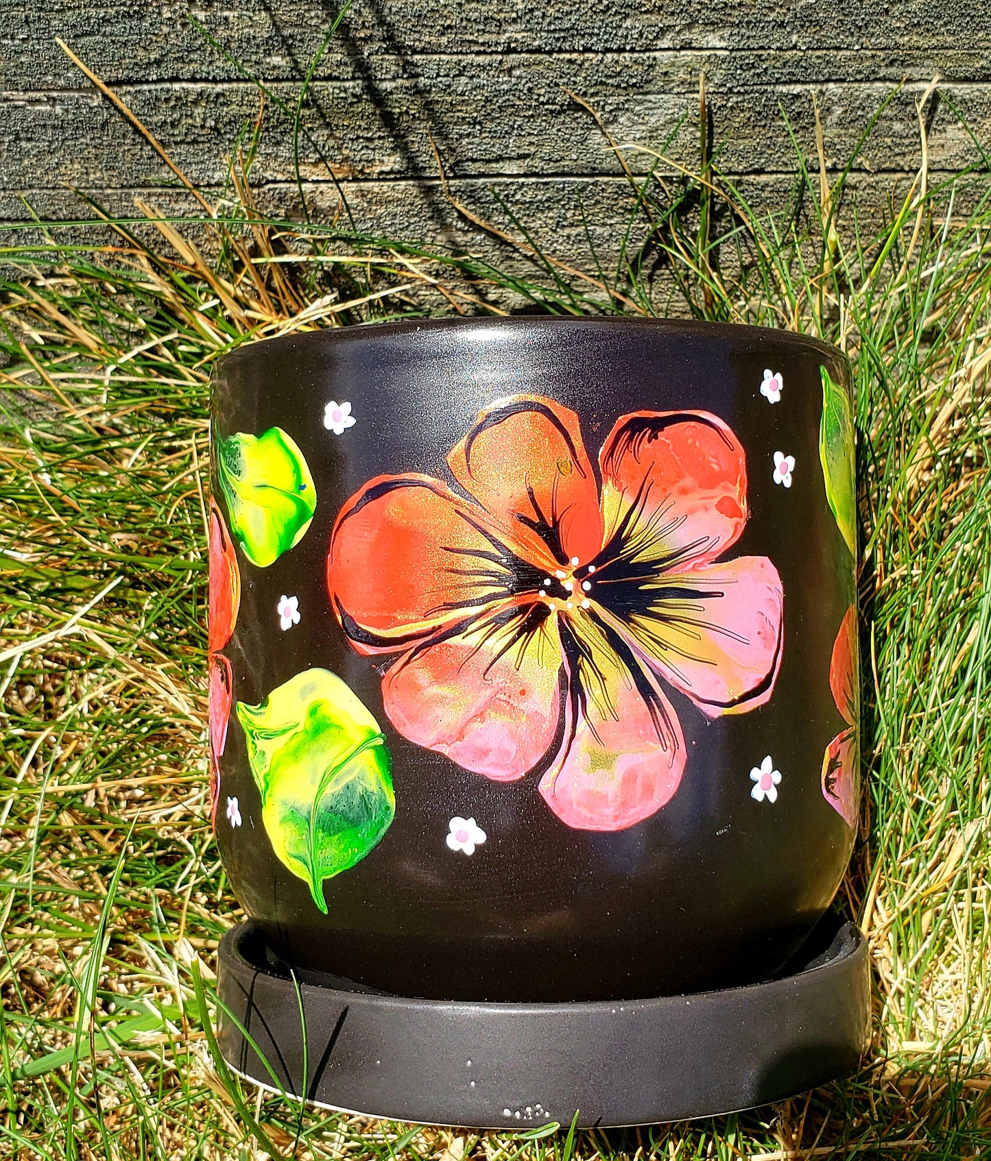 Black Planter with Red Flower design